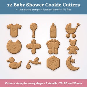 Baby Shower Cookie Cutter STL, 12 Shapes, Stamps, 5 Stencils, Bodysuit, Stork, Teddy Bear