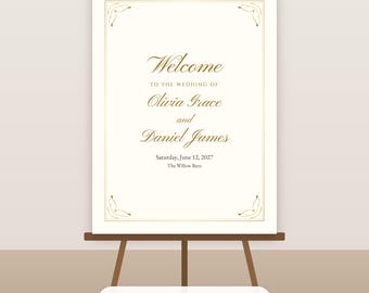 Klassiek gouden welkomstbord voor een bruiloft, bewerkbaar PDF-poster (18x24 inch).