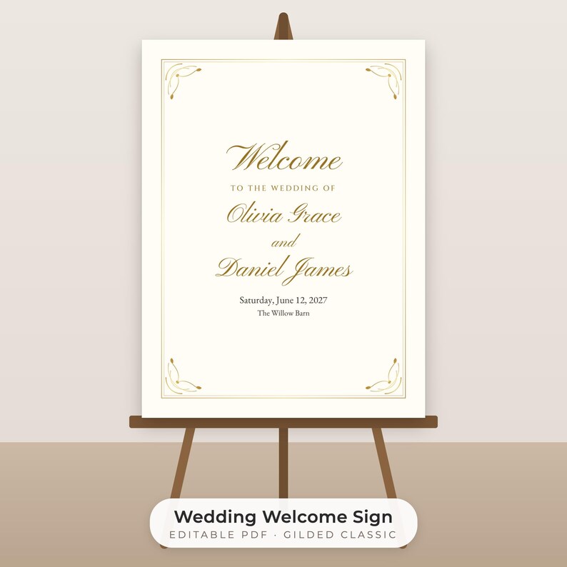 Classic Gold Wedding Welcome Sign Template, Editable 18x24 PDF Poster image 1