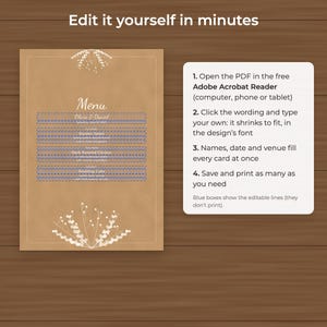 Rustic Kraft Wedding Menu Template, Editable PDF in 4x9 and 5x7 image 3