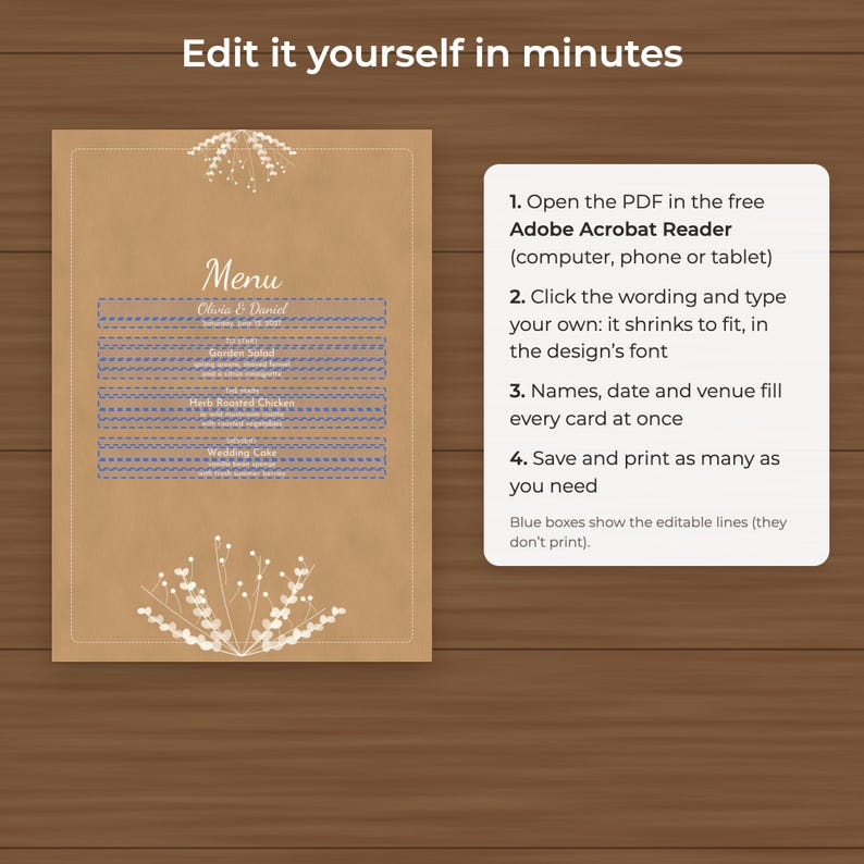 Rustic Kraft Wedding Menu Template, Editable PDF in 4x9 and 5x7 image 3