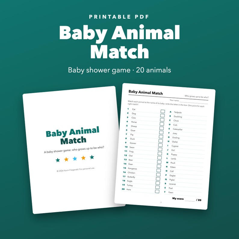Jeu d'association d'animaux pour bébés à imprimer pour les fêtes prénatales, 20 paires avec corrigé image 1