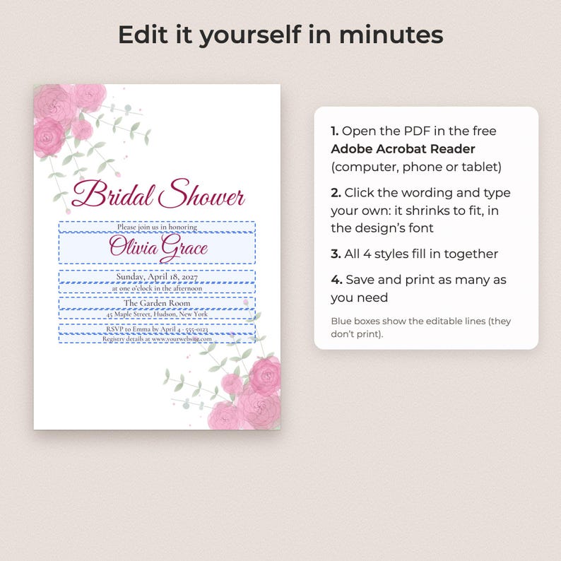 Bridal Shower Invitation Template, Editable PDF in 4 Styles, Floral Gold Rustic Modern image 3