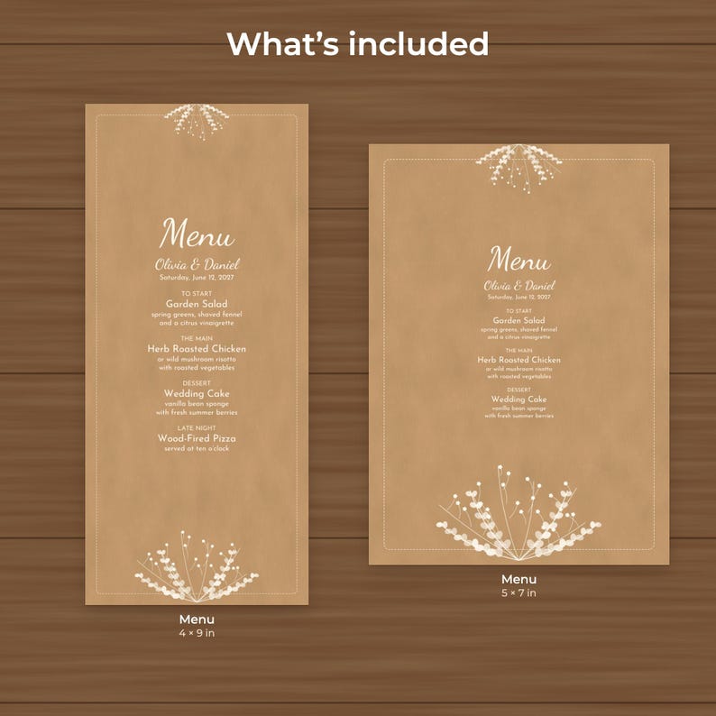 Rustic Kraft Wedding Menu Template, Editable PDF in 4x9 and 5x7 image 2