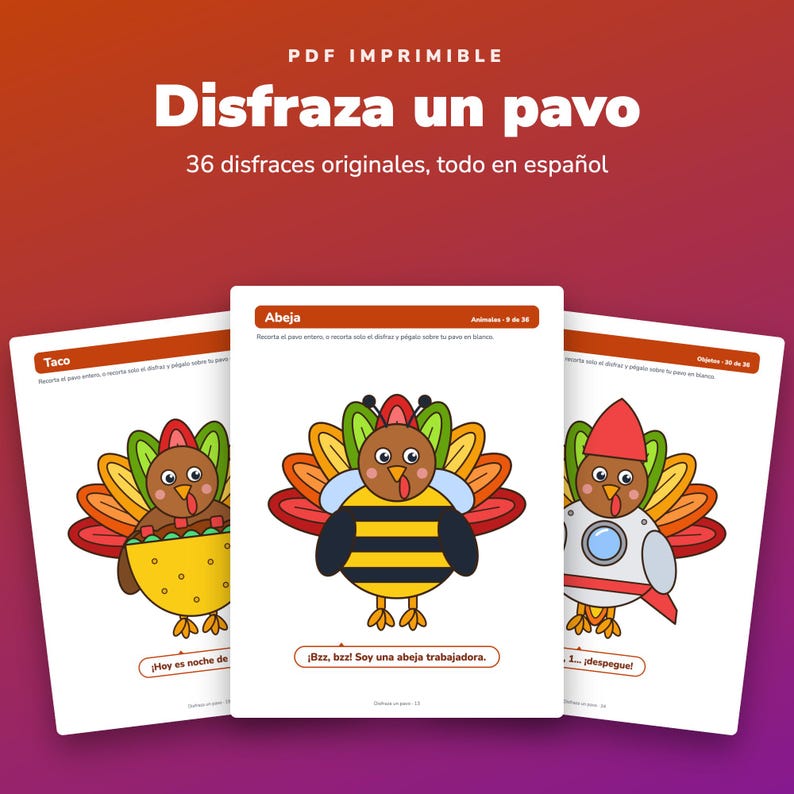 Disfraza un pavo imprimible, 36 disfraces, carta para familias, Spanish Turkey Disguise image 1