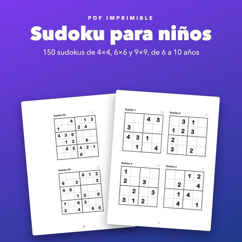 Sudoku para niños de 6 a 10 años, 150 imprimibles de 4x4, 6x6 y 9x9 image 1
