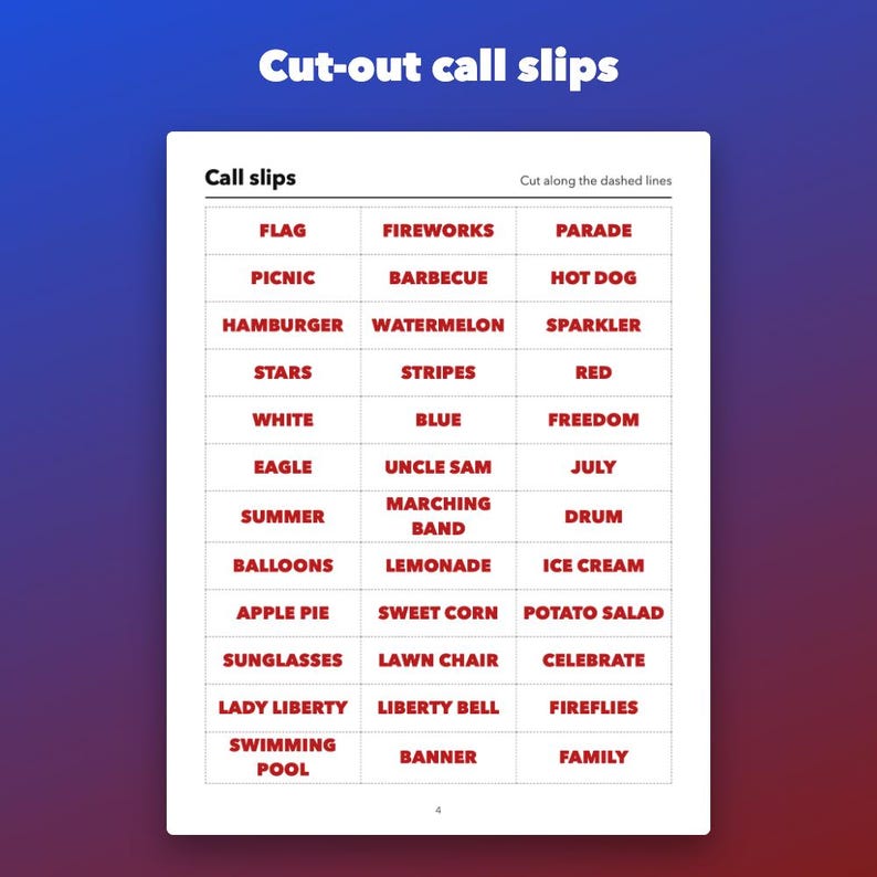 Fourth of July Bingo Printable for Family Parties, 30 Different Cards afbeelding 4