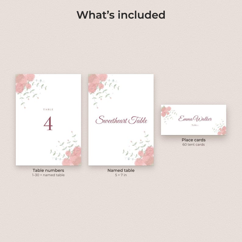 Watercolor Floral Wedding Table Numbers 1-30 and Place Cards, Editable PDF Template image 2