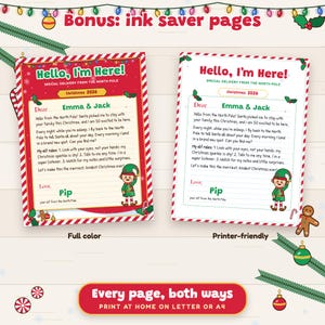 Cartas imprimibles de llegada y despedida de elfos navideños con nombres editables y bienvenida. imagen 4