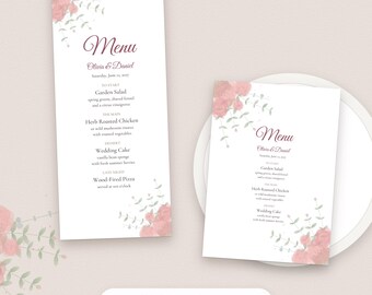 Aquarel bloemen trouwmenu sjabloon, bewerkbaar PDF-bestand in 4x9 en 5x7 formaat.