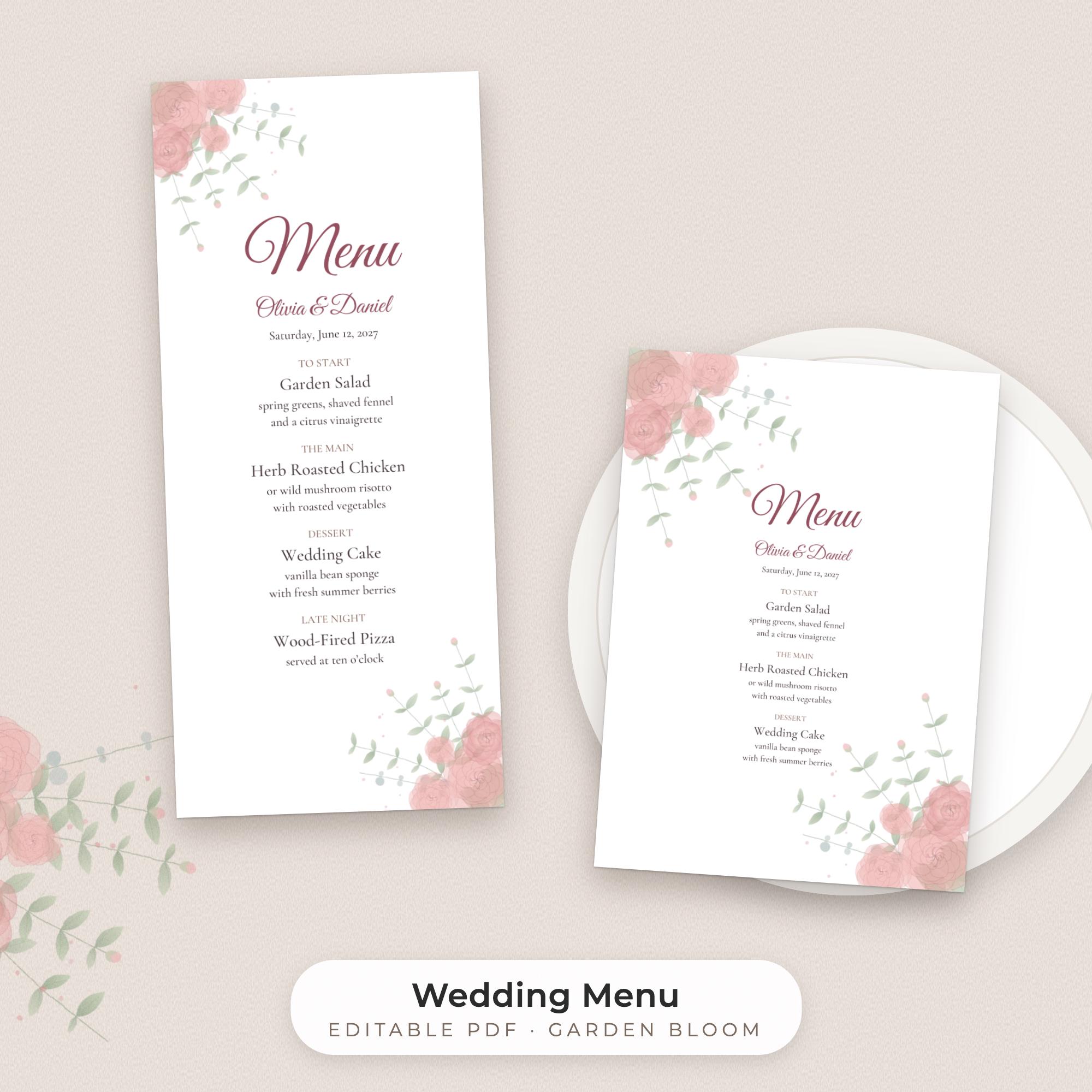 Vorlage für ein Hochzeitsmenü mit Aquarell-Blumenmuster, bearbeitbare PDF-Datei in den Formaten 4x9 und 5x7 Bild 1
