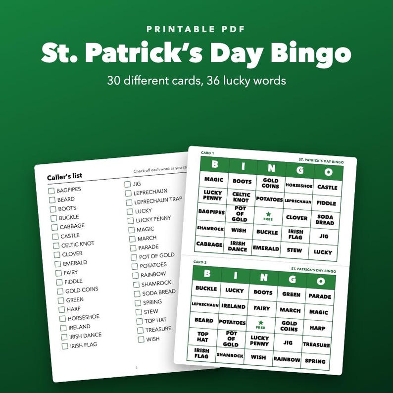 St. Patrick’s Day Bingo Printable for Kids and Classroom Parties, 30 Cards zdjęcie 1