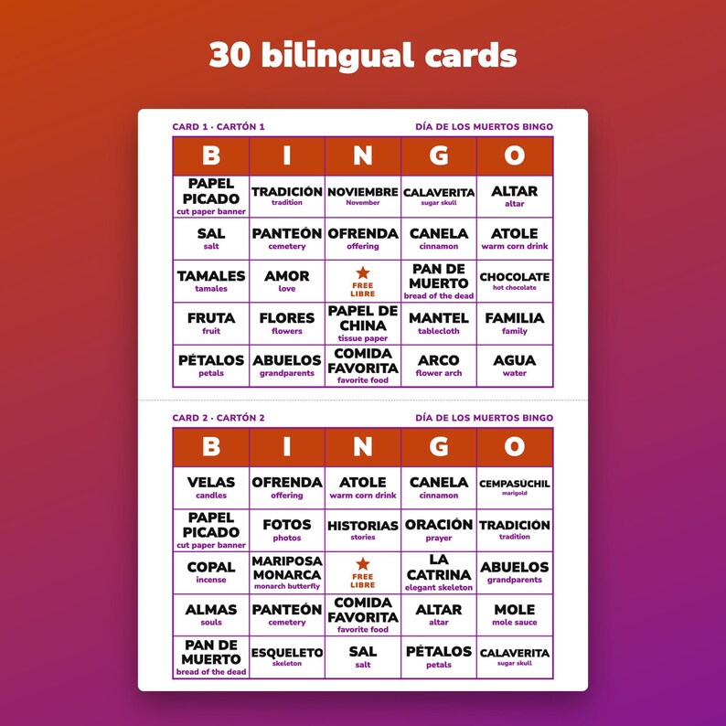 Día de los Muertos Bingo, Bilingual English and Spanish Day of the Dead Cards image 2