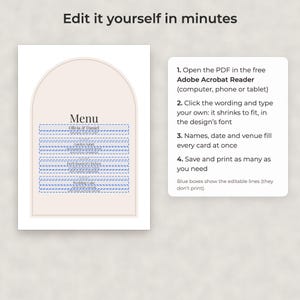Moderne, minimalistische Hochzeitsmenü-Vorlage, bearbeitbares PDF in den Formaten 4x9 und 5x7 Bild 3