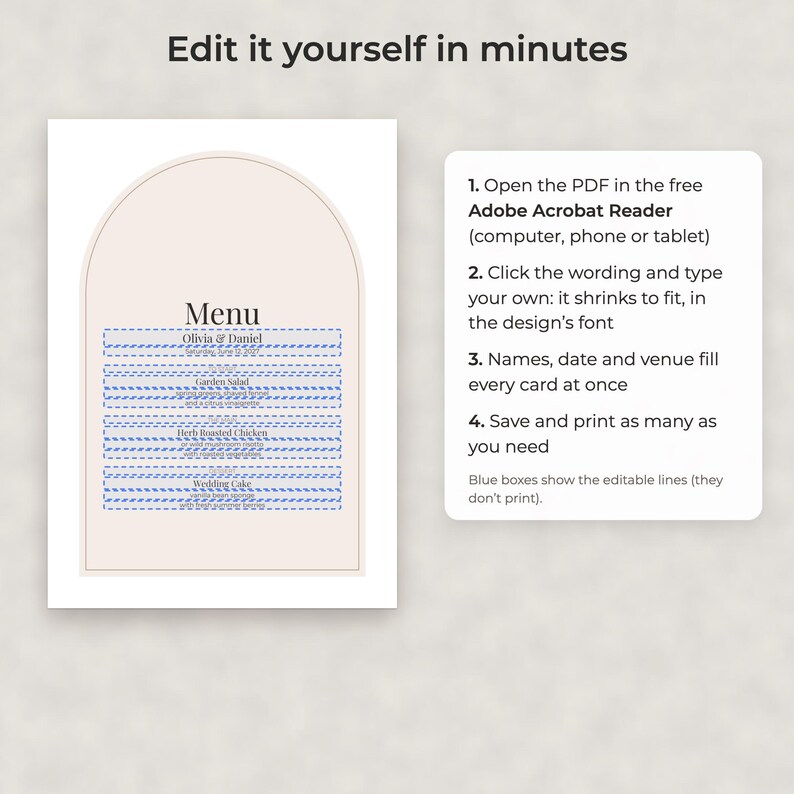 Moderne, minimalistische Hochzeitsmenü-Vorlage, bearbeitbares PDF in den Formaten 4x9 und 5x7 Bild 3