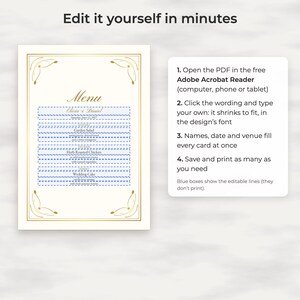 Klassische goldene Hochzeitsmenü-Vorlage, bearbeitbares PDF in den Formaten 4x9 und 5x7 Bild 3