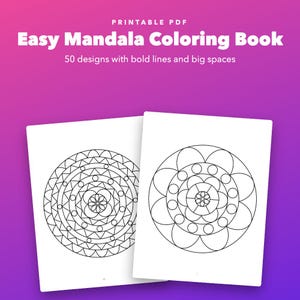 Libro para colorear de mandalas fácil de imprimir para adultos, 50 diseños de líneas gruesas. imagen 1
