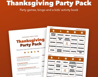 Utskrivbart Thanksgiving-festpaket, spel, bingo och aktivitetsbok för barn