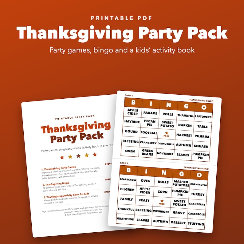 Thanksgiving Party Pack Printable Bundle, Games, Bingo and Kids Activity Book image 1