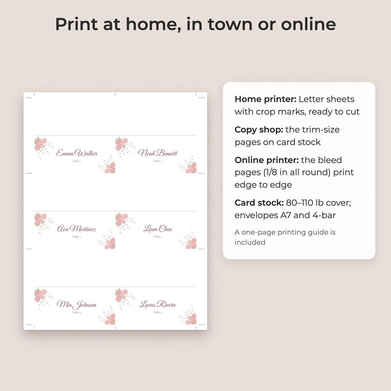 Watercolor Floral Wedding Table Numbers 1-30 and Place Cards, Editable PDF Template image 4