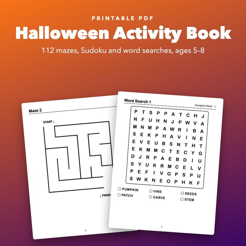 Halloween Activity Book for Kids Ages 5-8, Printable Mazes, Sudoku, Word Search image 1