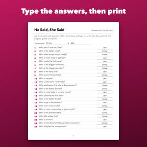 „Er sagte, sie sagte“-Spiel für den Junggesellinnenabschied (druckbare, ausfüllbare PDF-Datei, 24 Fragen) Bild 3
