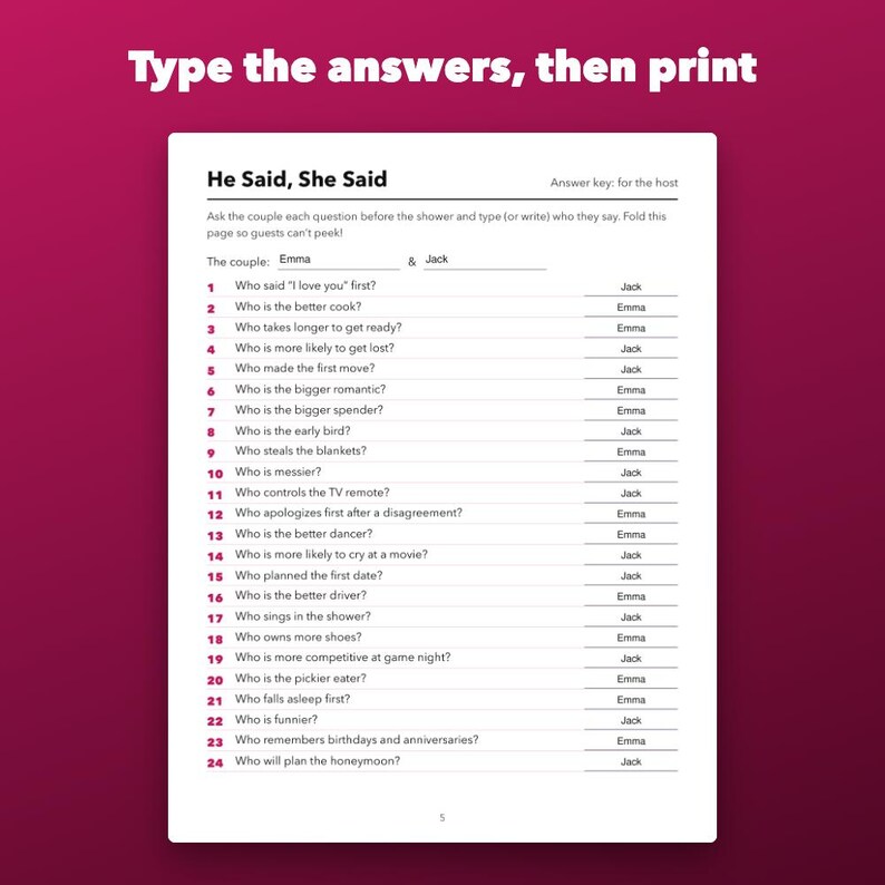 „Er sagte, sie sagte“-Spiel für den Junggesellinnenabschied (druckbare, ausfüllbare PDF-Datei, 24 Fragen) Bild 3