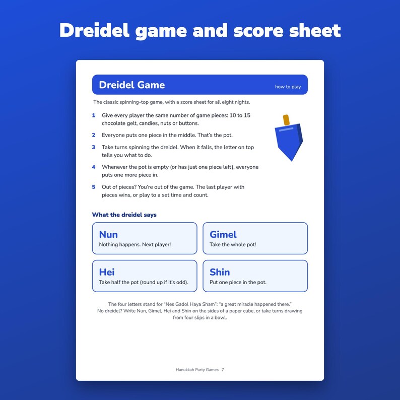 Hanukkah Party Games Printable for Family, Trivia, Dreidel Score Sheet and Word Scramble image 3