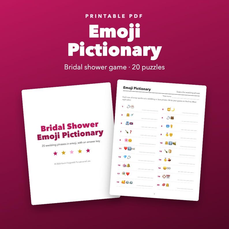 Gra Emoji Pictionary na Wieczór Panieński do druku, 20 łamigłówek z frazami ślubnymi zdjęcie 1