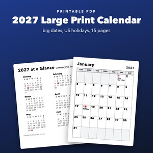2027 Large Print Calendar Printable, Monthly with US Holidays and Big Dates image 1