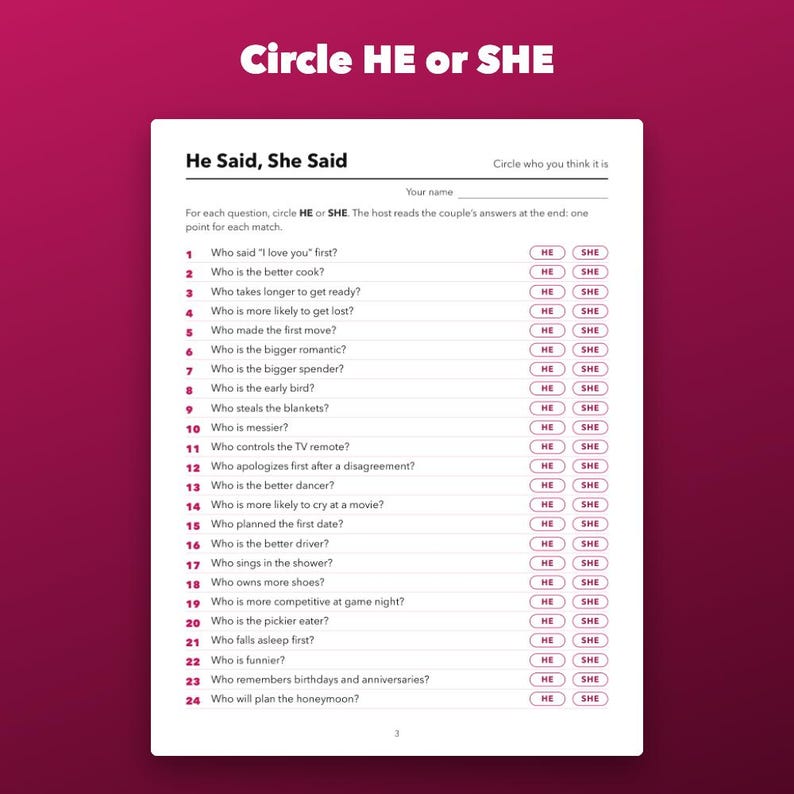 „Er sagte, sie sagte“-Spiel für den Junggesellinnenabschied (druckbare, ausfüllbare PDF-Datei, 24 Fragen) Bild 2