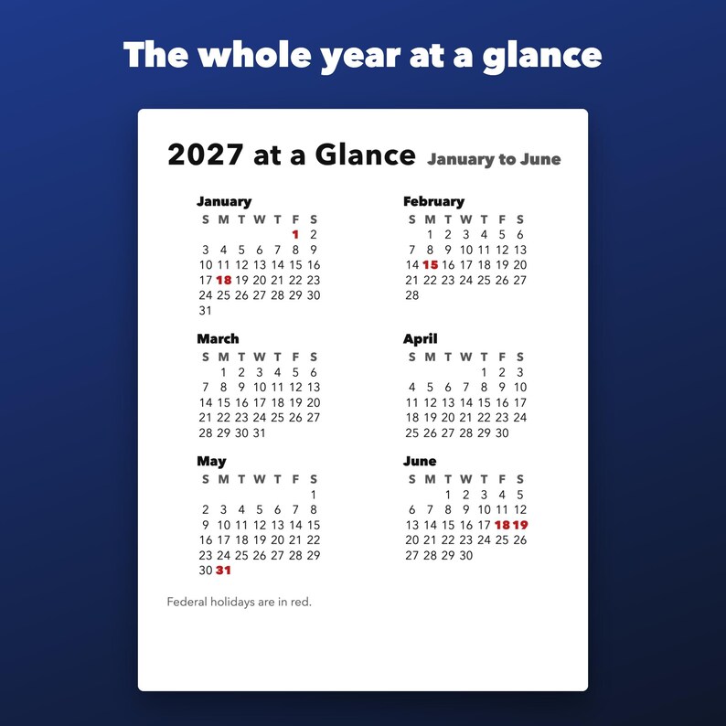 2027 Large Print Calendar Printable, Monthly with US Holidays and Big Dates image 3