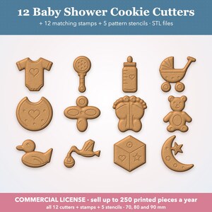 Baby Shower Cookie Cutter STL Files, Commercial License, 12 Shapes, Stamps and Stencils