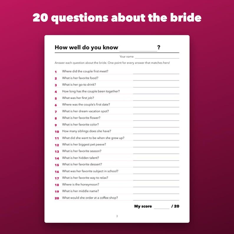 How Well Do You Know the Bride Game Printable, Fillable Bridal Shower Quiz image 2