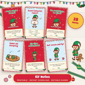 Bigliettini stampabili a tema elfo di Natale, 28 idee e cartelli giornalieri con nome modificabile immagine 1