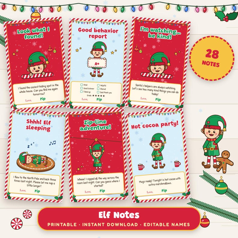 Bigliettini stampabili a tema elfo di Natale, 28 idee e cartelli giornalieri con nome modificabile immagine 1