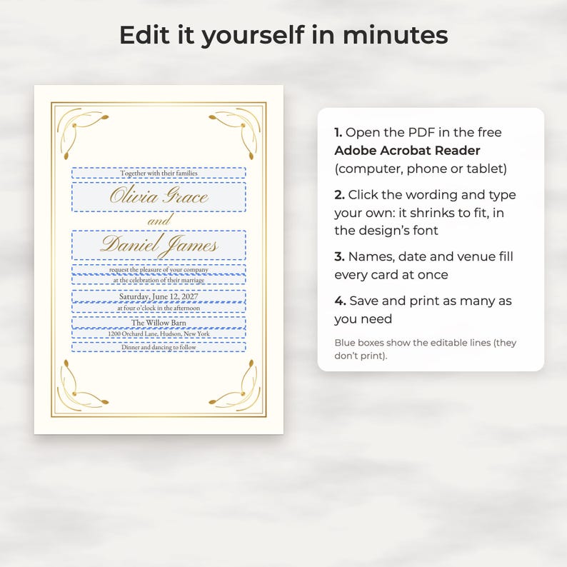 Classic Gold Wedding Invitation Suite Template, Editable Reply and Details Cards image 3