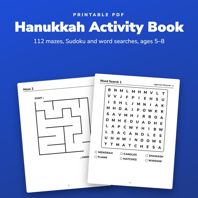 Hanukkah Activity Book Printable for Kids Ages 5 to 8, Mazes, Sudoku and Word Search image 1