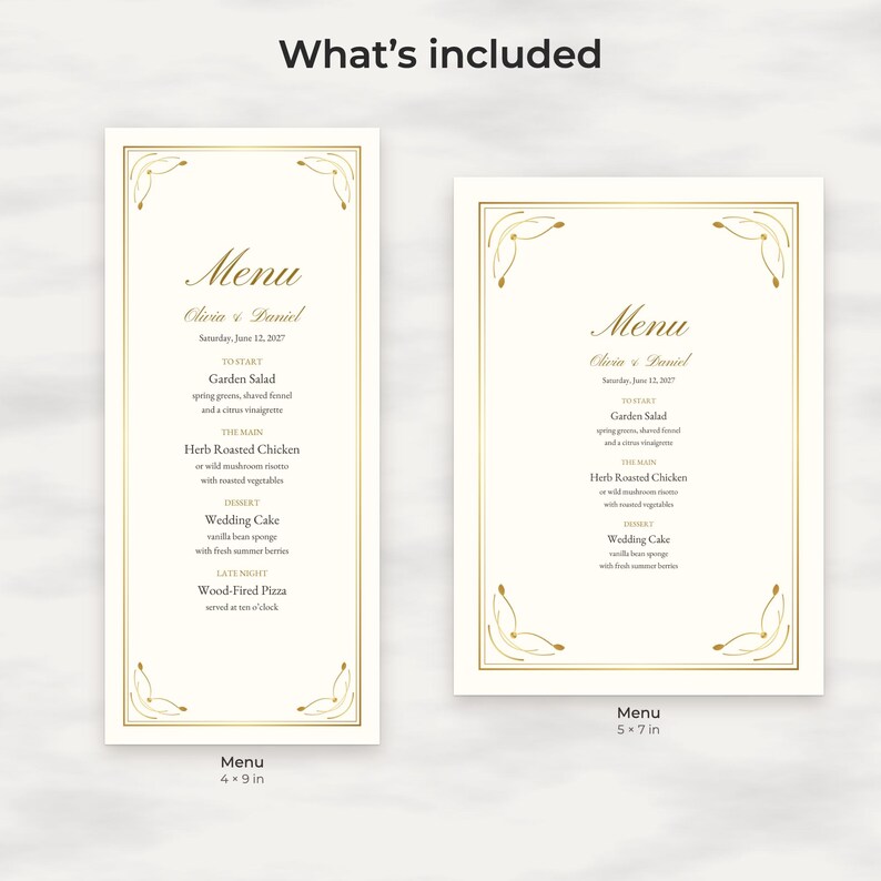 Klassische goldene Hochzeitsmenü-Vorlage, bearbeitbares PDF in den Formaten 4x9 und 5x7 Bild 2