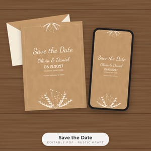 Rustic Kraft Save the Date Template, Editable PDF Card and Phone Image image 1