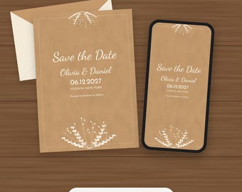 Rustieke kraftpapieren Save the Date-sjabloon, bewerkbare PDF-kaart en telefoonafbeelding