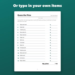 Guess the Price Baby Shower Game Printable with Fillable Answer Key, 15 Items image 3