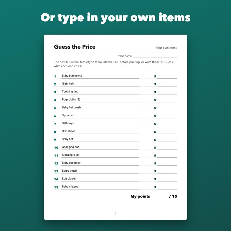Guess the Price Baby Shower Game Printable with Fillable Answer Key, 15 Items image 3