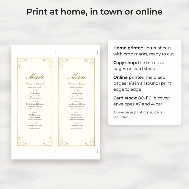 Klassische goldene Hochzeitsmenü-Vorlage, bearbeitbares PDF in den Formaten 4x9 und 5x7 Bild 4