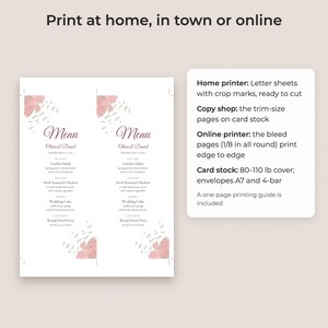 Vorlage für ein Hochzeitsmenü mit Aquarell-Blumenmuster, bearbeitbare PDF-Datei in den Formaten 4x9 und 5x7 Bild 4
