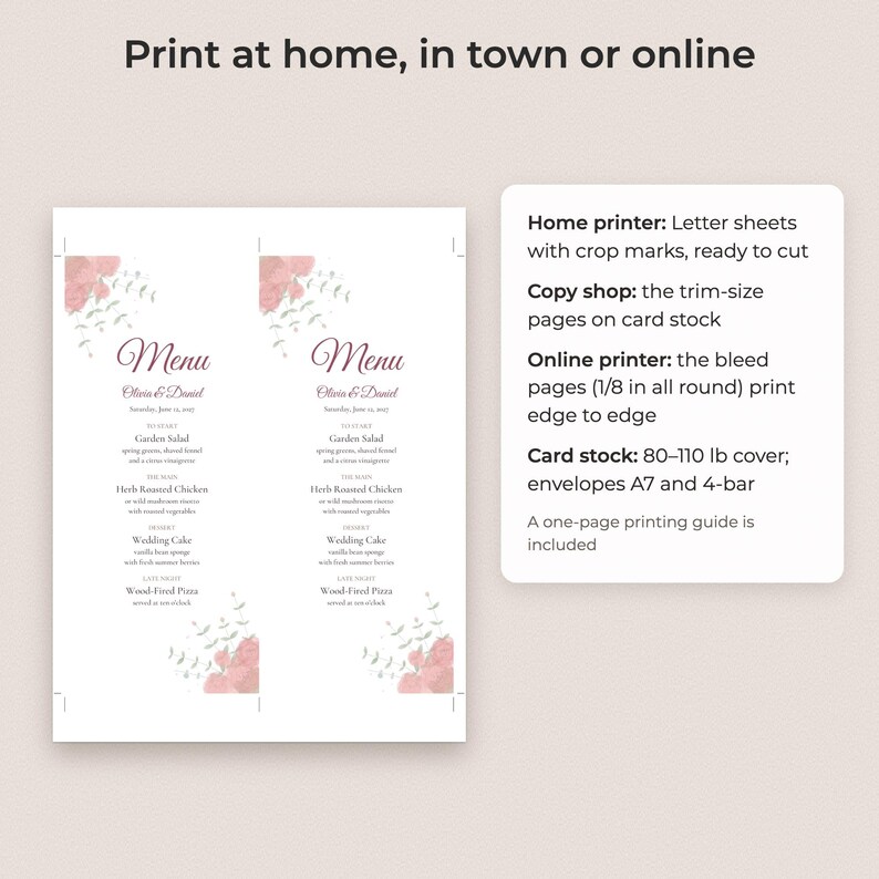 Vorlage für ein Hochzeitsmenü mit Aquarell-Blumenmuster, bearbeitbare PDF-Datei in den Formaten 4x9 und 5x7 Bild 4