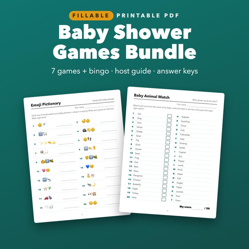 Baby Shower Games Bundle Printable, 8 in 1 with Bingo and Fillable Answer Keys image 1