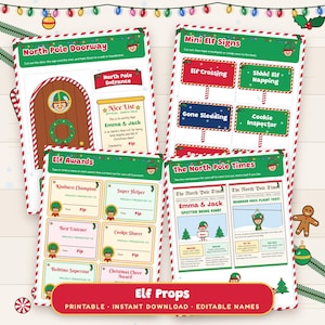 Christmas Elf Props Printable, Mini Signs, North Pole Door, Awards and Tiny Newspaper image 1