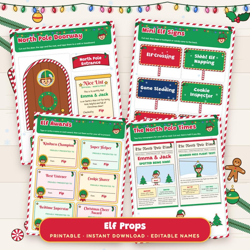 Christmas Elf Props Printable, Mini Signs, North Pole Door, Awards and Tiny Newspaper image 1