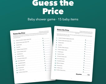 Gissa priset babyshower-spel utskrivbart med ifyllbar svarsnyckel, 15 artiklar